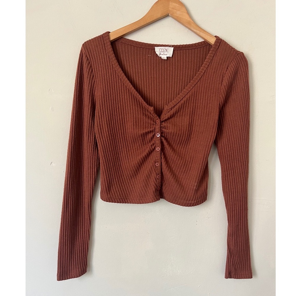 Cozie by Pink Rose Womens Ribbed Button Front Ruched Crop Top Rust Brown Medium
